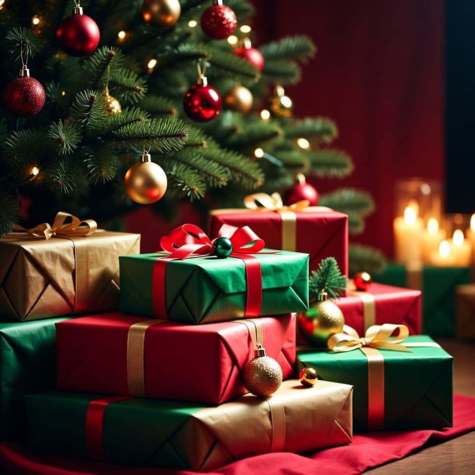 Beautiful wrapped Christmas gifts under decorated tree