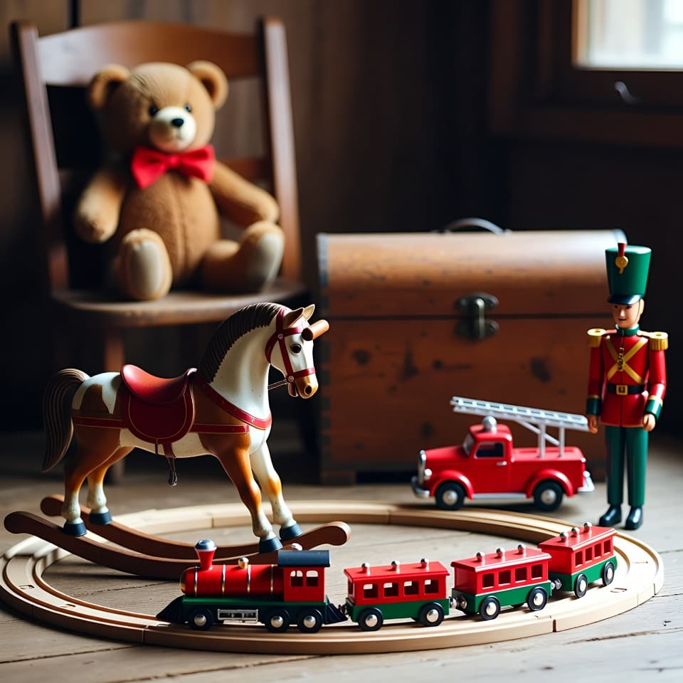Classic toy train set with rocking horse and vintage toys