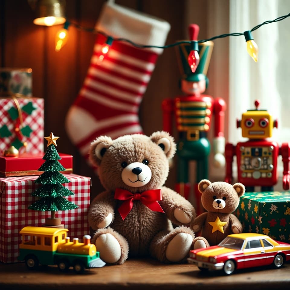 Cozy scene with wrapped gifts and vintage toys